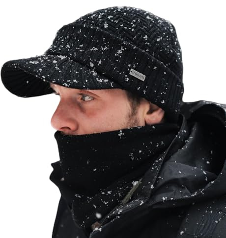 Comhats Beanie Winter-Set 80% Merinowolle Schirmmütze Fleece-Schal M-L/XL | PolarWool™ 80% Merinowolle, weiches Fleecefutter, Thermo-Schlauchschal, Schirm schützt Brille, Wandern, Golf, Ski, Pendeln
