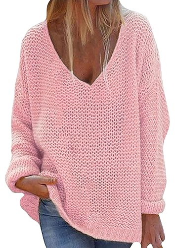 Jersey De Mujer Ropa Mujer Talla Grande Invierno Suelto con Cuello En V A La para Suéter De Manga Larga Color Sólido Tops Jerseys Finos Jersey Cuello Pico Pink XL