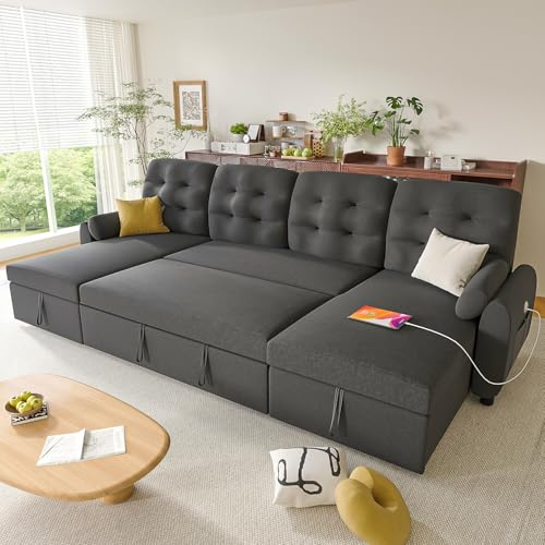 Ucloveria Sleeper Sofa Bed, 112 U Shaped Sectional Sofa Couches for Living Room, Pull Out Couch Bed with Dual Reversible Storage Chaise | Charging Station | Side Pockets | Removable Backrest