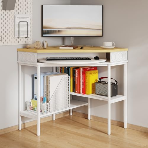 Eckschreibtisch 80×80×82,5 cm mit drehbarer Ablage, Weiß & Eiche-Optik, Schreibtisch mit 2 Regalen, höhenverstellbaren Füßen, stabiler Metallrahmen, 50 kg Tragkraft, platzsparender Computertisch
