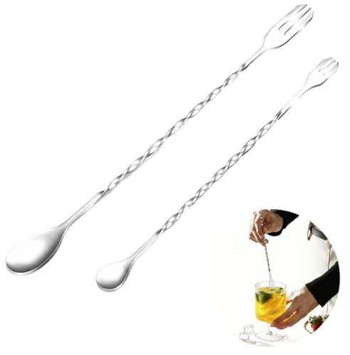 Cucharas de cóctel de 2 unidades, cucharas largas de dos cabezales, acero inoxidable, agitador de cóctel con diseño en espiral, cuchara de mezcla para barman, mezcla de cóctel, mezcla de café