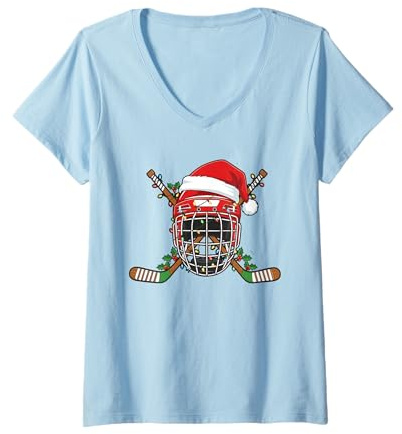 Femme Casque de Hockey sur Glace de Noël pour Hommes, garçons, Enfants, Adolescents T-Shirt avec Col en V