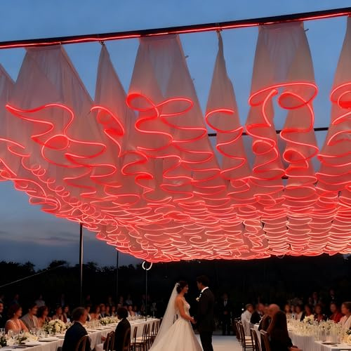 JIYINGHUI Ceiling Drapes for Weddings, Ceiling Drapes with Lights, 10 Panels Sheer Tulle Backdrop Photo Background Drapes for Ceremony Birthday Party Arch Decoration 90cmH-Red