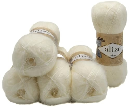 5 x 100 Gramm Ilkadim Export Strickwolle 3 Season, 500 Gramm Strickgarn einfarbig mit 25% Mohair und 24% Wolle. (creme 62)