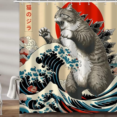 Hnmdmyi Duschvorhang Lustig Katze 120x200, Vintage Katzen Kunst Japanischer Anime Sonnenuntergang Ozeanwellen Badewanne Vorhang Wasserdicht Polyester Stoff Waschbar Badevorhang mit Haken