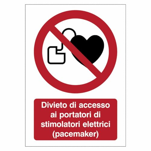 M-ITALY CARTELLO SEGNALETICO - Divieto di accesso ai portatori di stimolatori elettrici (pacemaker) - Adesivo Extra Resistente, Pannello in Forex, Pannello In Alluminio (Alluminio, 20x31 cm)