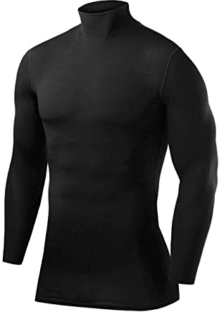 PowerLayer Camiseta Compresión Hombre - Camiseta Interior Térmica de Manga Larga y Cuello Alto para Hombre - Compression Shirt para Ciclismo Entrenamiento Gym Running Rugby - Negro, L