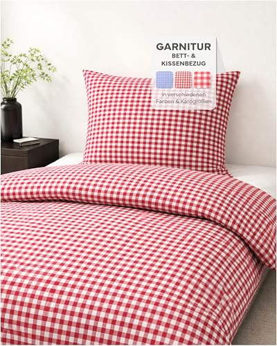 texpot Landhaus Bettwäsche Garnitur Baumwolle 135 x 200 cm + 80 x 80 cm kariert rot-weiß 10mm Karo Reißverschluss