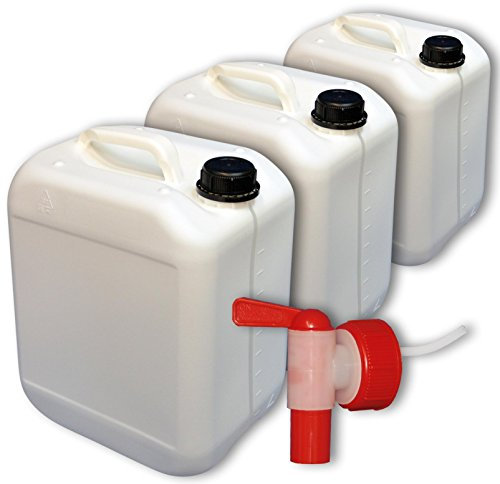 Wilai GmbH Lote de 3 bidones de Polietileno/Jerrycan 10 L Blanco DIN45 + 1 Grifo aeroflow Calidad alimentaria (3x22116+22039)