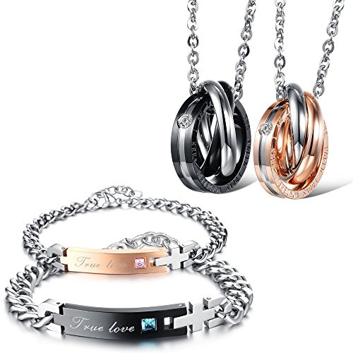 Kim Johanson Edelstahl Pärchen Schmuckset Armbänder & Ketten True Love für verliebte Roségold & Schwarz mit Cubic Zirkonia inkl. Schmuckbeutel