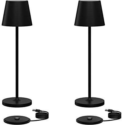 Klighten 2 Stück Dimmbare LED Akku Tischlampe Kabellose, Warme Lichtfarbe 3000K, Aufladbar Aluminium Tischleuchte für Innen und Aussen mit USB Ladestation, IP54 Wasserdicht, Schwarz