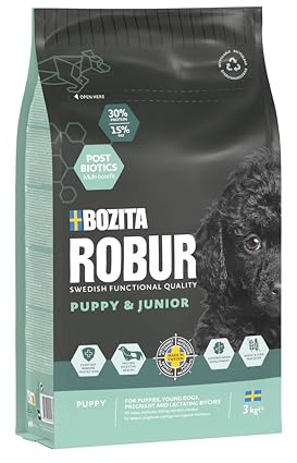 Bozita ROBUR Puppy & Junior Huhn 3kg - Welpenfutter Trockenfutter mit hoher Akzeptanz, Postbiotika ohne Weizen für kleine bis mittelgroße Rassen