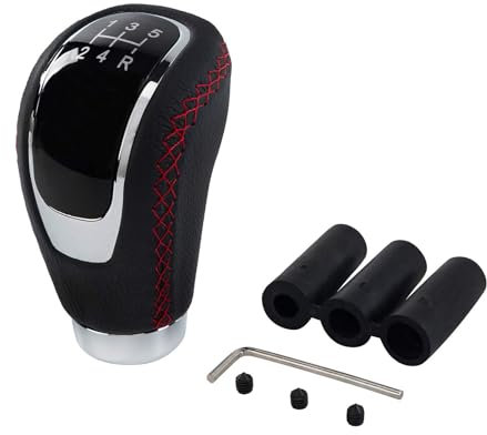 Possbay Universal Gear Shift Knob Manual Gear Shifter Stick Car Shifter Adapter with 3 Adapters 8mm 10mm 12mm for Cars Aluminum Alloy Leather (Black and Red)