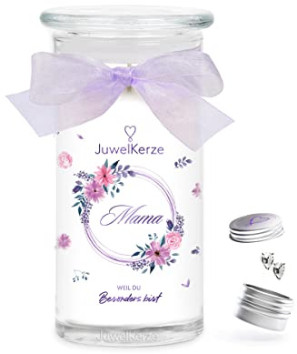 JuwelKerze Mama Ohrringe Silber - Schmuckkerze 80 Std - große Duftkerze mit Blumigem Duft - Kerze im Glas mit Schmuck - Mama Geschenk, Muttertagsgeschenk, Geburtstag