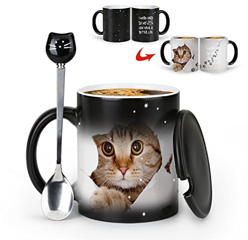 MUGKISS Niedliche Katzen-Tasse mit Farbwechsel, 325 ml – I Work Hard So My Cat Can Have a Better Life – Keramiktasse mit Wärmewechsel, schönes Katzengeschenk, Freunde, Katzenliebhaber.
