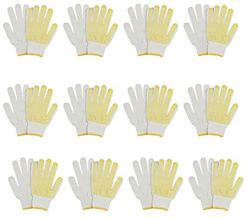 12 Paar Arbeitshandschuhe Schutzhandschuhe Strapazierfähige Sicherheitshandschuhe mit Anti-Rutsch-Punkten Weiße Baumwolle Arbeitshandschuhe für Gartenarbeit Mechaniker Bauarbeiter - Gelb