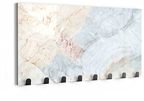 DEQORI Wandgarderobe Glas & Metall | Motiv Zarte Marmorfärbung | 60x30 cm | Design Haken-Leiste modern | Garderoben-Paneel für Flur, Wohnzimmer & Schlafzimmer | magnetisch & beschreibbar