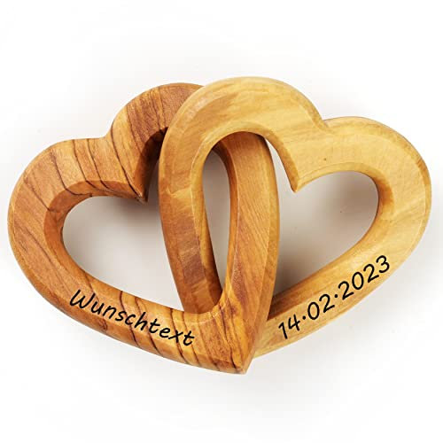 Kassis Geschenkartikel Personalisierte Olivenholz-Herzen für Brautpaar, zum Valentinstag, Jubiläum, Hochzeitstag, Geburtstag - verbundene Holz-Herzen - Hochzeitsgeschenk - (7,50 cm)