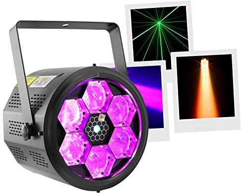 BoomTone DJ BEE-FX LZR Spot de scène 6 LED RGBW 10W, 2 Effets en-1, Lampe de scène, LZR vert, Détection musicale Mode automatique, DMX. Idéal pour Fête, Noël, Soirée, DJ, Club, Dancing, Mariage