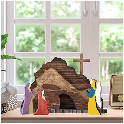 MOCIUN Jesus Grab Ostern Tablett Bundle Kit, Ostern gestuftes Tablett Dekor, Osterszene Holzdekor, Osterdekoration für Home Office, Ohne Stufentablett (A)