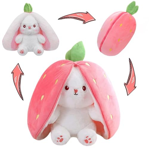MIAODAM 13.7in Large Easter Bunny Stuffed Animal, Kawaii Squishy Cute Easter Bunny Plush Turn Into Rabbit Fruit Doll Strawberry Pillow, Christmas Plushies Funny Bunny Toy for Baby Gift for Girlfriend