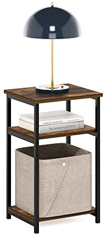 Furinno Juste Table D'appoint avec Cadre en Métal et Étagère de Rangement, Pin Ambré
