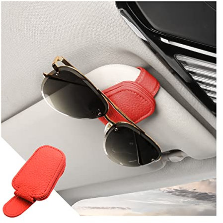 CGEAMDY Brillenhalter für Auto Sonnenblende, Universelles Auto Visier Leder Sonnenbrillen Halter, Magnetische Brillen Halterung, Gläser Aufhänger und Ticket Karten Clip, Auto Zubehör (Rot)