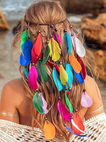 Zoestar Boho Feder Stirnband Regenbogen Kopfschmuck Perlen Hippie Indisches Haarband Pride Festival Haarschmuck für Frauen und Mädchen