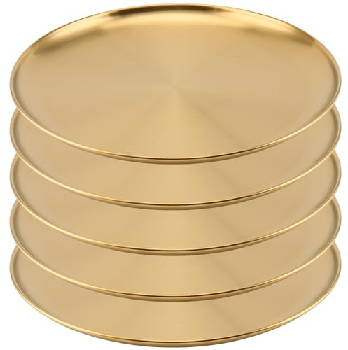 MOUYAT 5 Pcs Stainless Steel Plate Gold, 20cm Gold Metal Dinner Plates, Unbreakable Serving Dishes for Camping, Barbecue, Picnics, and Outdoor Use