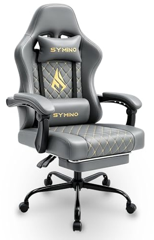 Symino Gaming Chair with Footrest, Computer Ergonomic Video Game Chair | Adjustable Swivel Task Chair with Lumbar Support, PC Chairs, Office Chair PU Leather, Grey