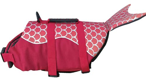 Izefia Hund Schwimmweste - Schutzmantel für Schwimmen - Schwimmschutz mit Griff - für Kleine, Mittlere und Große Hunde - Hai & Meerjungfrau Design - Rot, Größe S