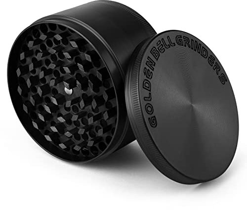 Golden Bell Grinder Crusher 4-teiliges Set Mühle mit Scraper Pollen Zinklegierung für Spice Gewürze Kräuter Herb Krautmühle (Schwarz, 3 x 1,7 Inch)