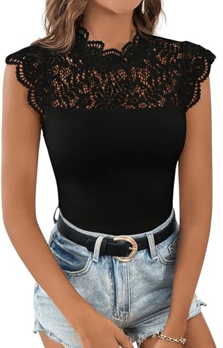 GORGLITTER Body de encaje para mujer, elegante, con mangas, Negro , L