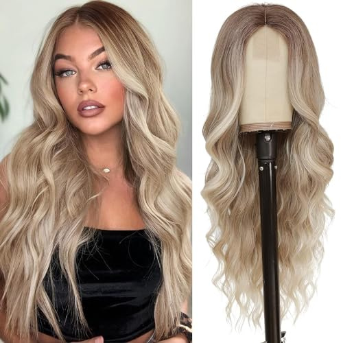 PORSMEER Lange ombre blond Wellig Perücke, 66cm Mittelscheitel Lockige Perücke Natürliche Hitzebeständig Synthetische Perücke für Frauen Tägliche Party
