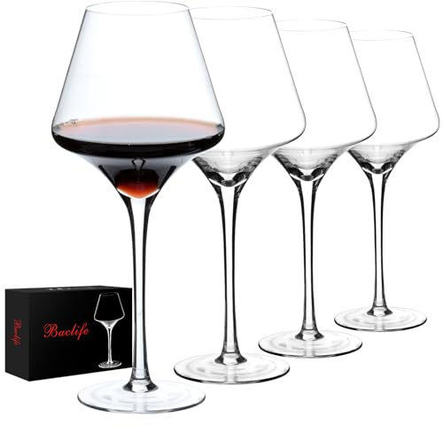 BACLIFE Set di 4 bicchieri da vino rosso – 496 g – Bicchiere da vino in cristallo di alta qualità con stelo lungo – Bicchieri da vino bordeaux soffiati a mano – Regalo unico per matrimonio