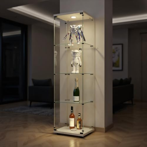 BPKADHY Glasvitrine Standvitrine, Vitrinenschrank Led Beleuchtung mit Schloss Vitrine mit Glas Sammlervitrine Led für Sammlerstücke, Bücher, Modelle (1 Tür, 4 Etagen-LED, Weiß)
