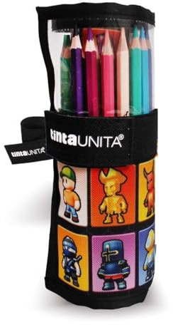 PRESTIGE & DELUXE Astuccio rotolo Stumble Guys Tinta Unità Nero con 24 pastelli colorati per la scuola - chiusura strappo - + Omaggio portachiavi personaggio