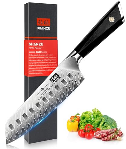 SHAN ZU Damascus Santoku Knife 7 Inch Japanese Kitchen Chef Knives in 10Cr15CoMoV Damascus Steel 67 Layers Damascus Super Sharp Utility Knife with G10 Handle/Gift Box