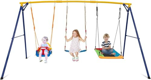 DREAMADE Ensemble de Balançoire Extérieur 1,8M, Portique Métallique en A + 3 Balançoires pour Enfants 3+, 3 Place, Charge Max 300 KG (Ensemble Jaune)