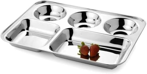 AYUSHNAIK Rektangulär Thali-tallrik i rostfritt stål, 5 fack thali-rörbrickor, barns lunch och middag eller daglig användning