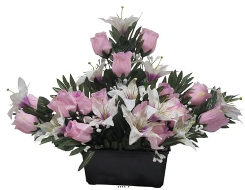 Artificielles.com - Fronte della tomba di Rosa e Giglio Tigrato Rosa artificiale per Ognissanti - colore: Rosa 715