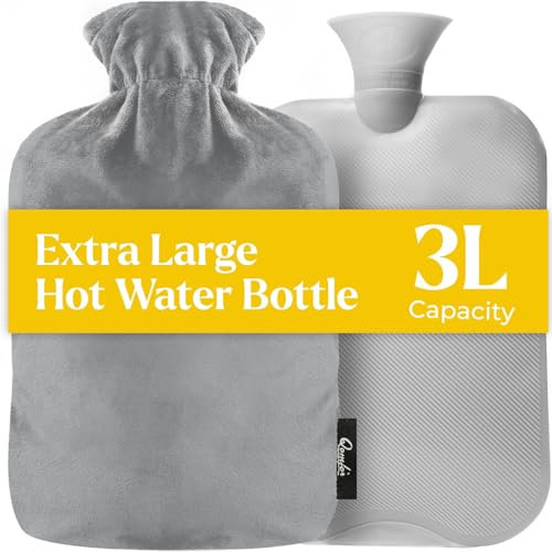 Qomfor XXL Wärmflasche mit Fleecebezug – 3L Wärmflasche Groß XXL für Bett, Rückenschmerzen, und Menstruationskrämpfe – Flauschige Wärmeflasche Kuschel für Behandlung von Schmerzen und Fieber (Grau)