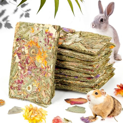 Abizoo Rabbit Natural Treats,10Pcs Timothy Hay Toys Chips Bunny chew Toys with Herbal Flowers Guinea Pig Treats for Hamster Chinchillas Gerbils Rats Small Animals Teeth Care Crisp Snacks