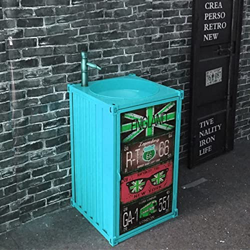 Mobile da bagno in stile rustico industriale con rubinetto per lavabo e mobiletto autoportante in metallo, per bar, caffetteria, biblioteca o bagno, colore blu