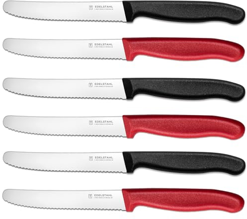 targzier Frühstücksmesser,6-tlg Tafelmesser aus Edelstahl,23cm,Schwarz&Rot | Edelstahl Klinge 11cm,Brotmesser Wellenschliff,Rostbeständig,Ergonomische Kunststoffgriff Tomatenmesser,Spülmaschinenfest