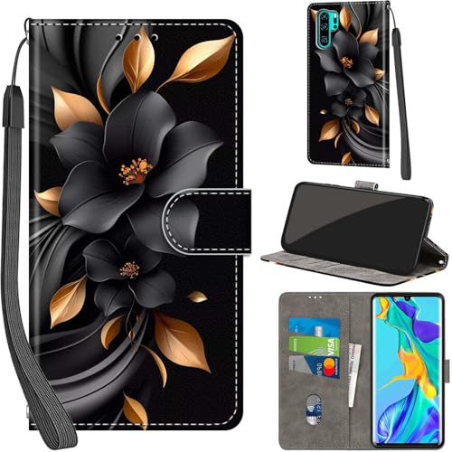 Handyhülle für Huawei P30 Pro Leder Wallet Tasche Schwarzes Pferd | 3 Kartenfächer & 1 Geldfach, Magnetverschluss, Ständerfunktion, robuste premium PU leder klapphülle für Huawei P30 Pro