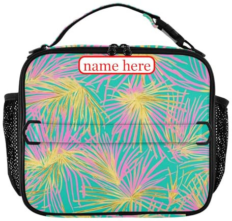 tplaotee Lonchera personalizada con palmera tropical, melocotón y hojas doradas para hombres, resistentes al agua, para adultos, con correa ajustable para el hombro, para escuela, picnic, vieiras,