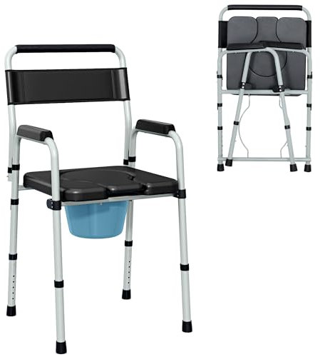 HOMCOM Sedia WC per Anziani Regolabile in Altezza su 7 Livelli 81.5-97cm con Secchio Rimovibile, Sedia Comoda WC Pieghevole con Braccioli e Schienale in Acciaio e Pelle PU, Capacità Peso 150 kg, Nero