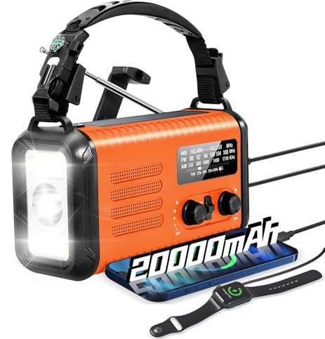 Emergency Wind Up Radio, 20000mAh Solar Radio, Hand Crank Radio with AM/FM/NOAA, Portable Radios with Flashlight & Reading Lamp, Earphone Jack, SOS Alarm, Phone Charger for Indoor Outdoor (Orange)