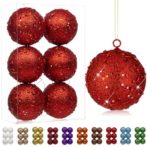 6er-Set 8cm Dekorative Weihnachtsbaumkugeln, Weihnachtskugel-Ornament mit Holografischem Glitzer Christbaumschmuck zarten Dekorationen für Weihnachtsbaum, Weihnachtshochzeitsfeier, Rot